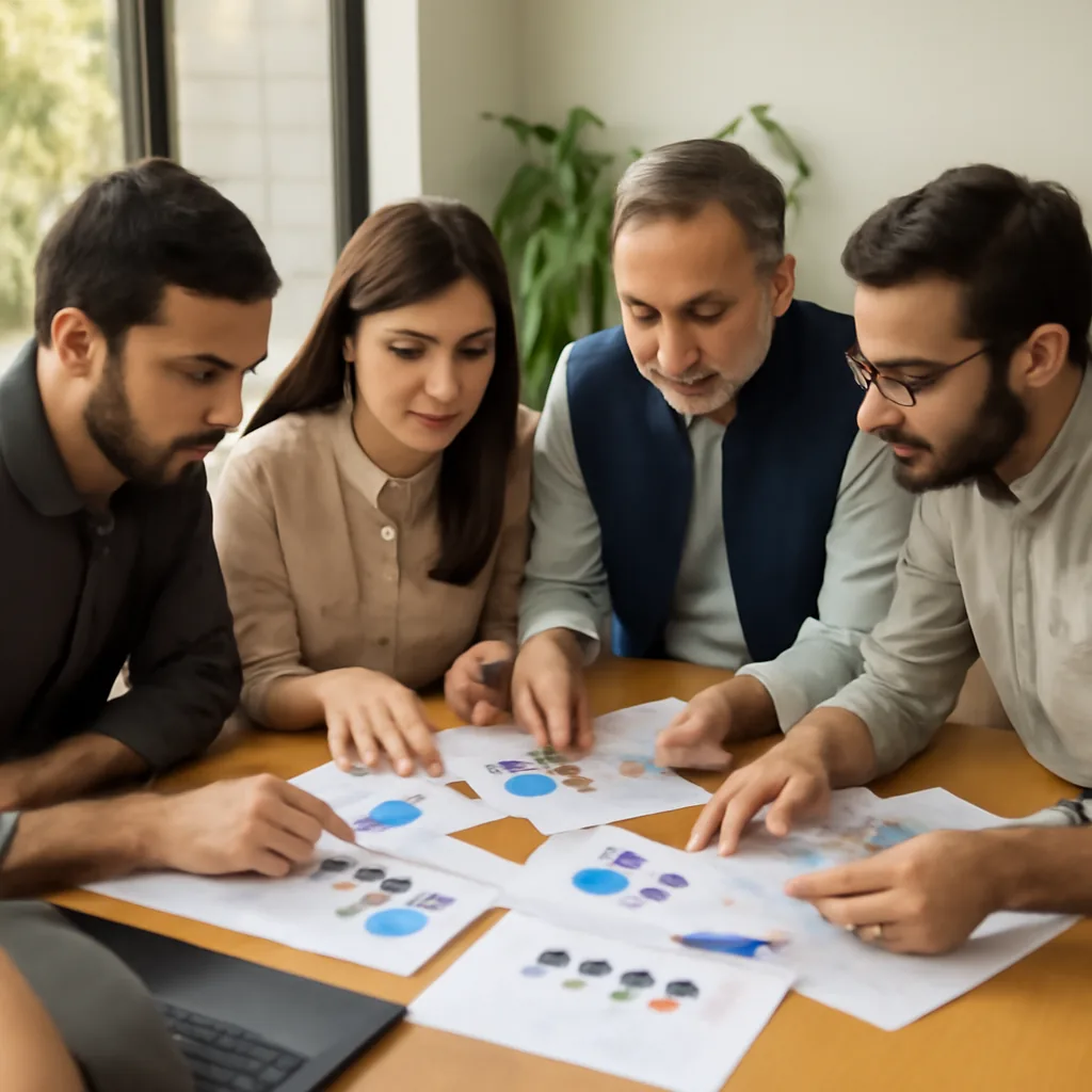 Professional research team in Pakistan reviewing survey charts