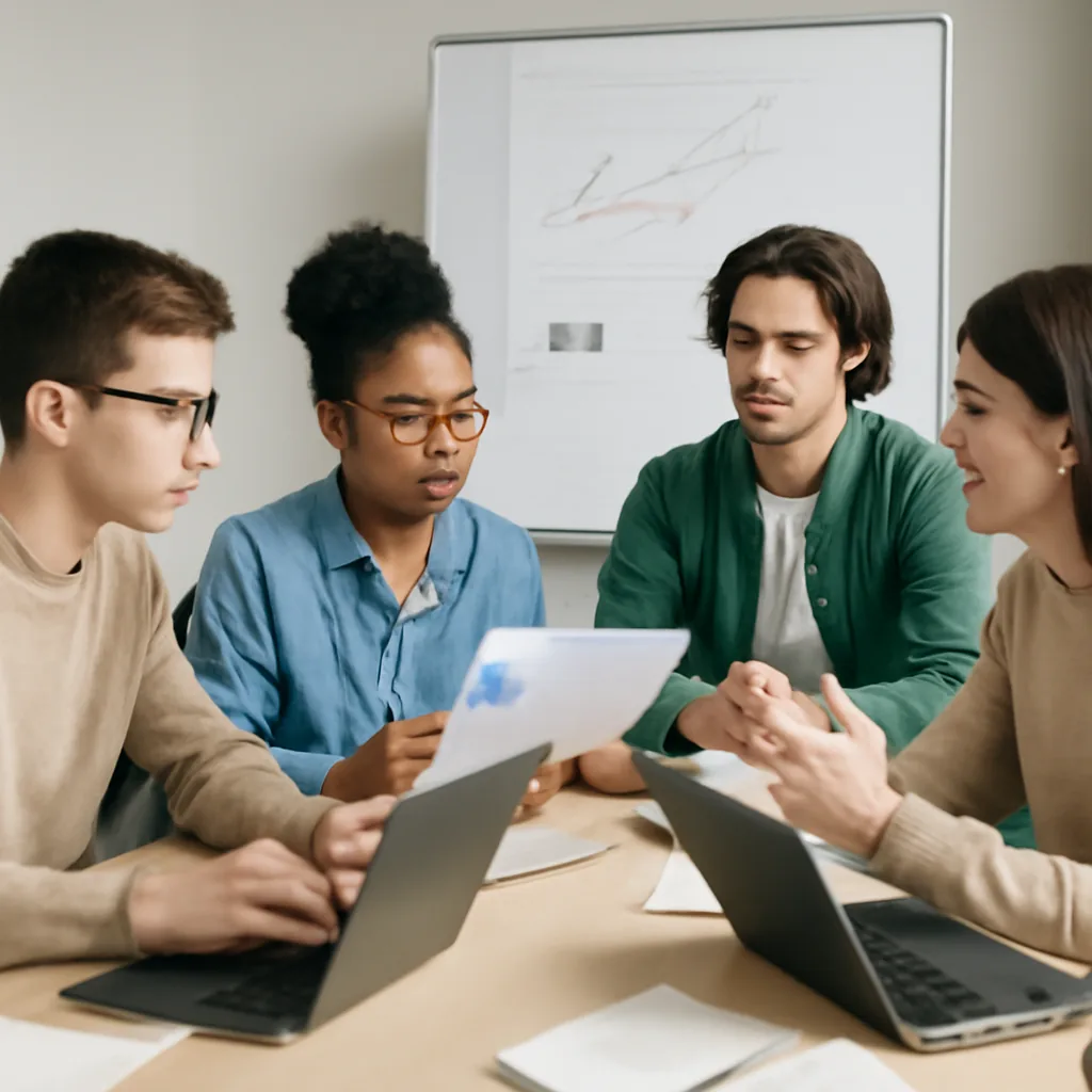 Square real photo of young researchers in a