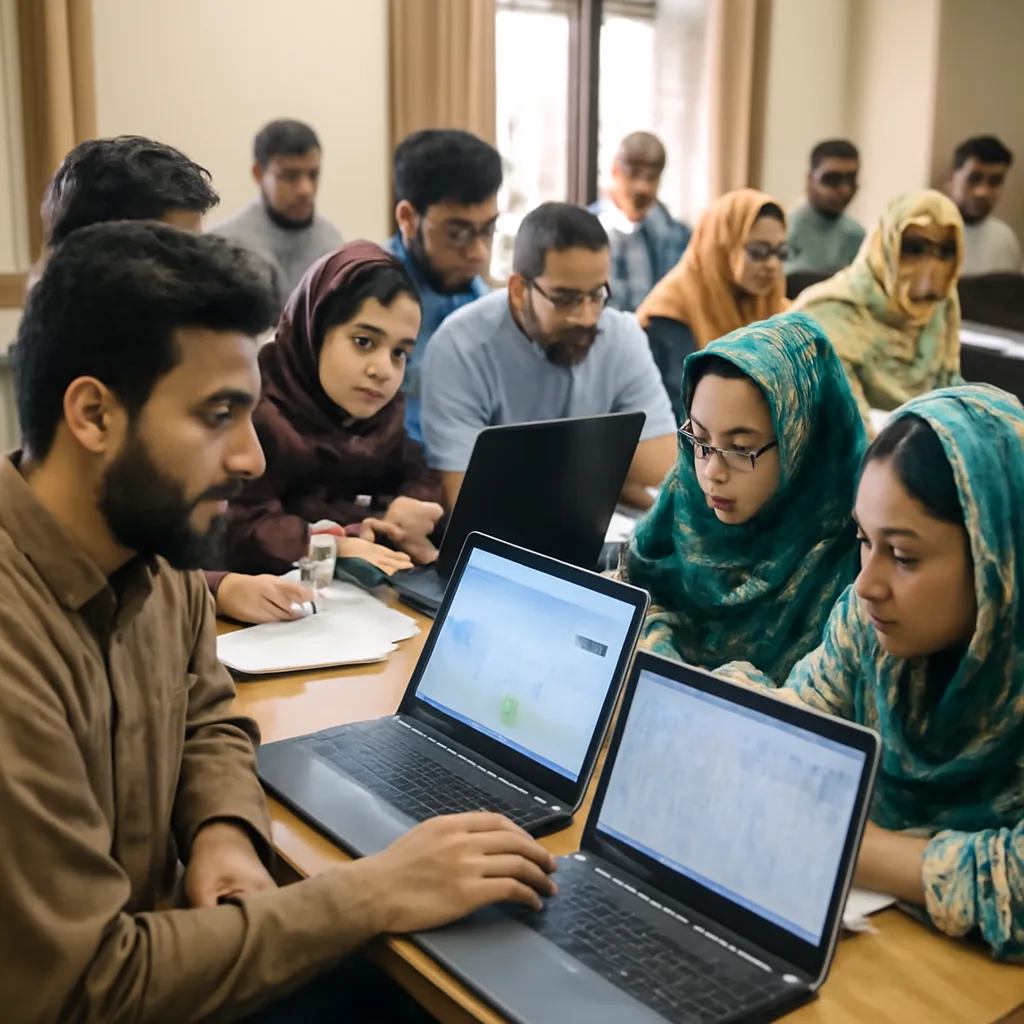 Pakistani training workshop with researchers using laptops for